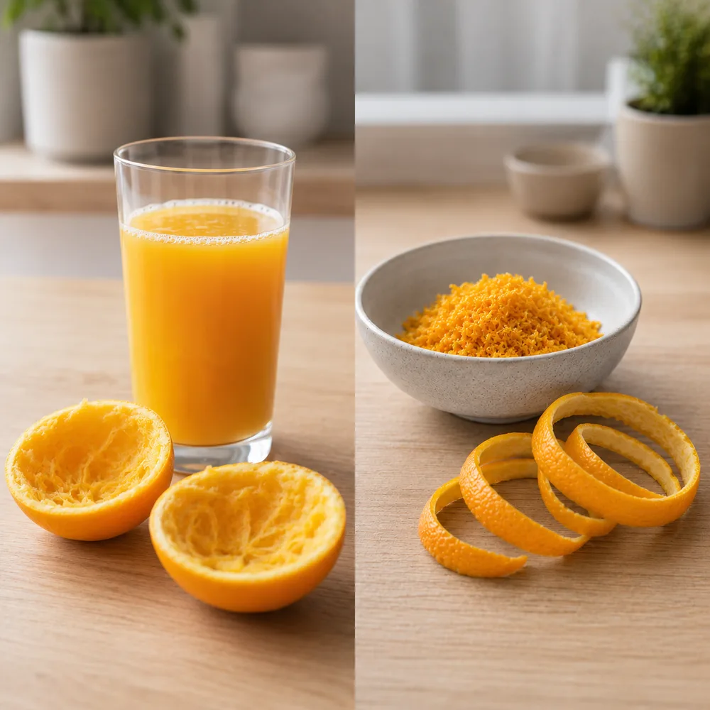 Appelsinen fuldt udnyttet: saften presset til et glas juice og skallen revet til bagning
